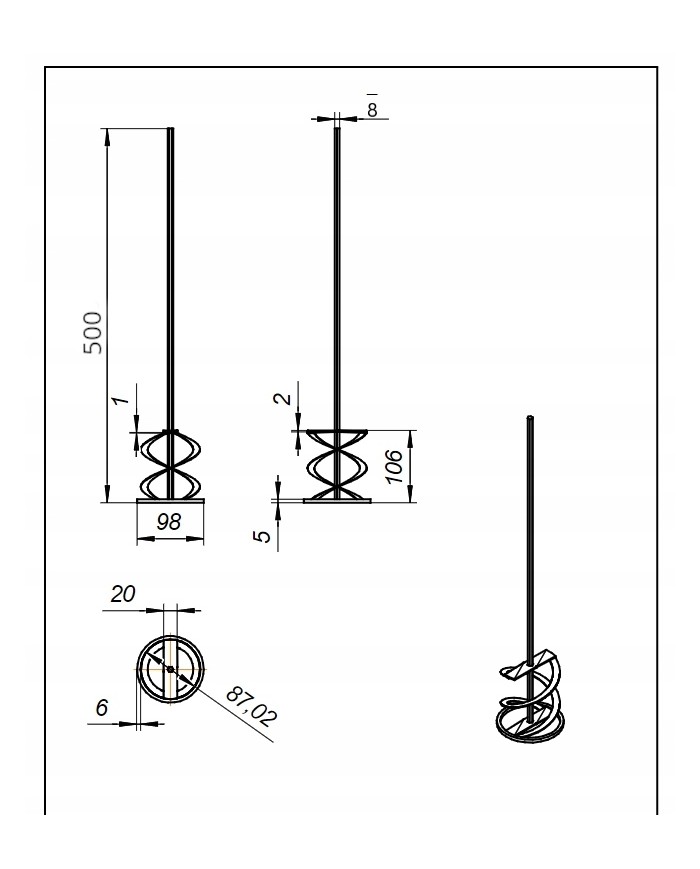 MIESZADŁO ZE STALI NIERDZEWNEJ SPIRALNE Z PŁASKOWNIKA FI 98MM M14